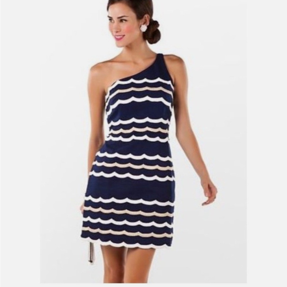 Lilly Pulitzer One Shoulder Dress Nautical Stripes Autumn wedding guest dress